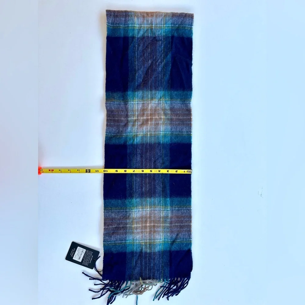 NWT Kiltane of Scotland Plaid Lambswool Navy Turquoise and Brown Scarf, 62”x10”